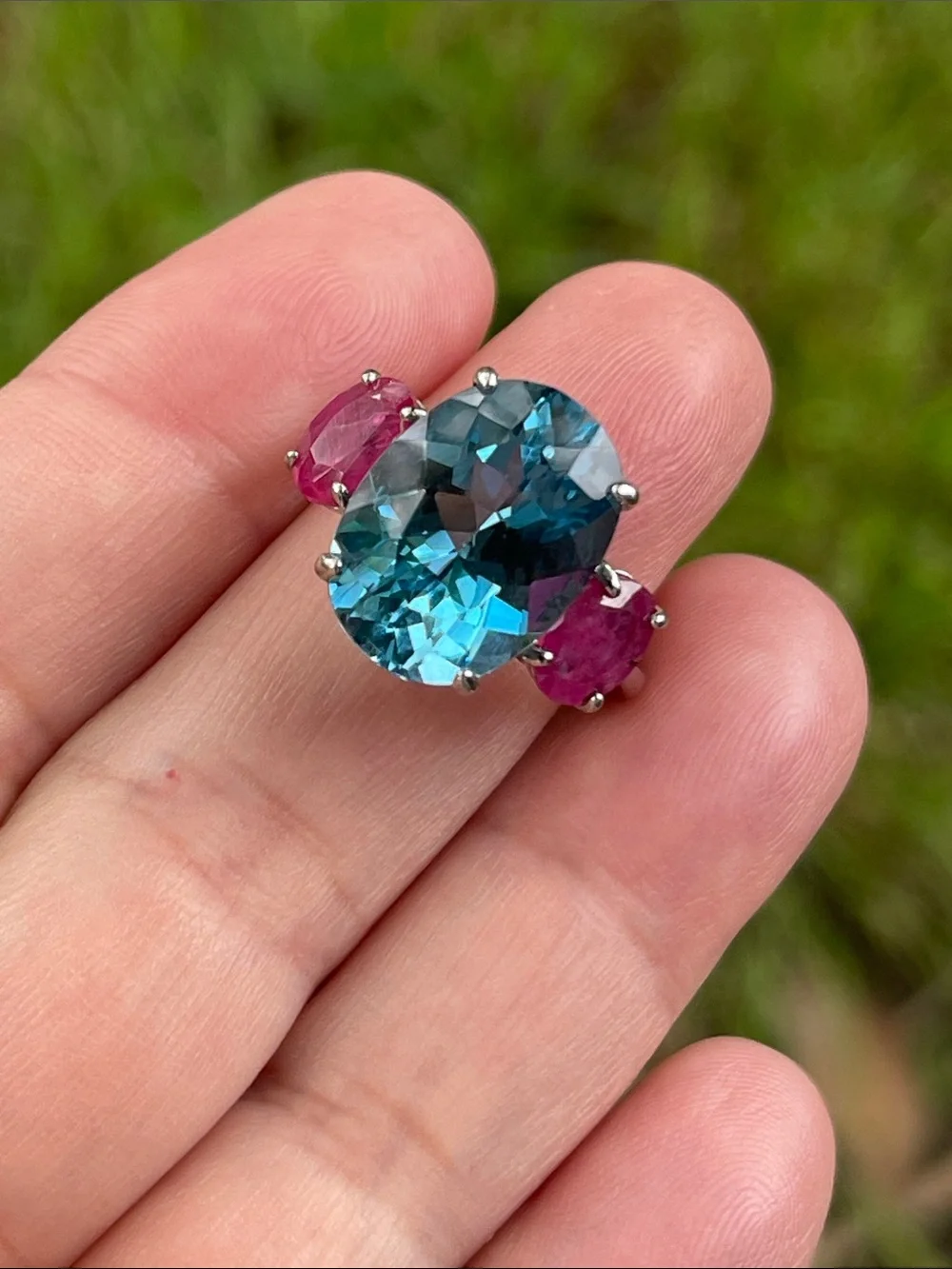 Large Natural Blue Topaz 15x11mm & Ruby Ring in 925 Sterling Silver Size 7